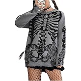 Floerns Women's Grunge Skull Print Knit Sweater Long Sleeve Street Punk Pullover Tops