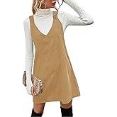 Koinshha Women Corduroy Overall Mini dress Casual Loose Sleeveless V Neck Pinafore Dresses Cute Jumper Overalls