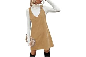 Koinshha Women V Neck Corduroy Overall Dress Casual Loose Short Pinafore Dresses Cute Mini Jumper Dress