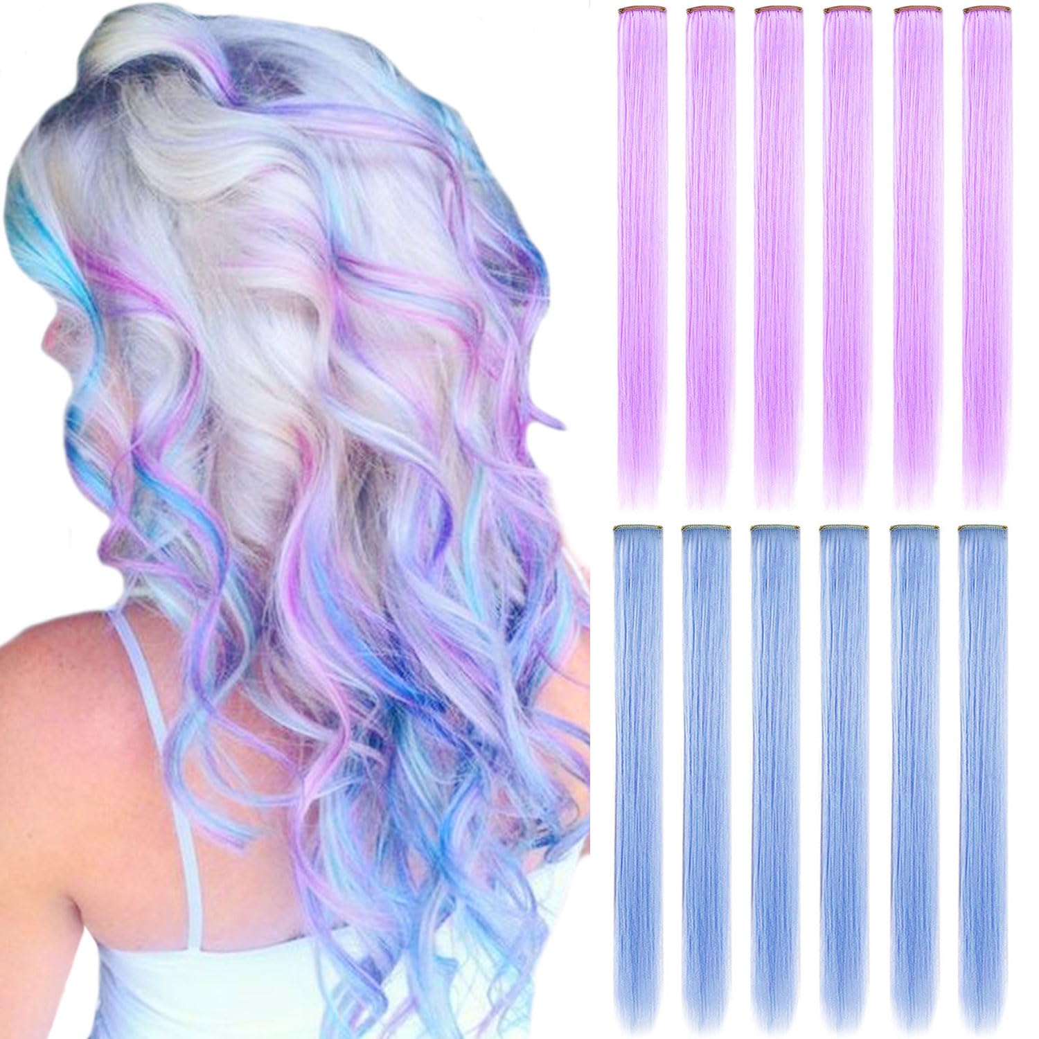 ZHAOWWEI 12PCS Princess Colorful Extensions Multi-Colors Party Highlights Streak Synthetic Hairpieces Clip-In/Clip On Colored Hair Extensions(Light blue Light purple)