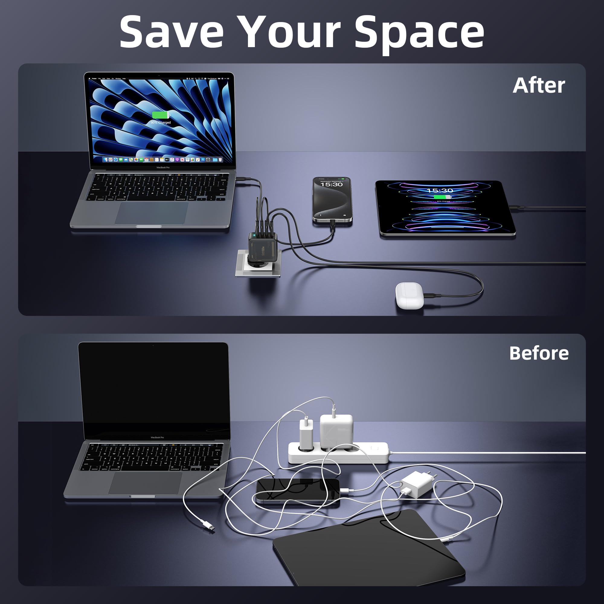 100W USB C Ladegerät 4-Ports GaN Schnellladegerät, PD3.0 USB C Netzteil PPS Ladegerät, für MacBook Pro 16/15/14/13 Zoll, iPad Pro, iPhone 17/16/15/14/13, Galaxy S24/S23, HP, Dell, ThinkPad 8