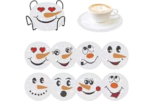 DEMONWER 8 Pcs Christmas Snowman Face Diamond Painting Coasters Kits Christmas Snowman Face DIY Coasters with Holder Holiday Acrylic Round Cup Coaster with Cork Pads for Drinks Diamond Arts Kits