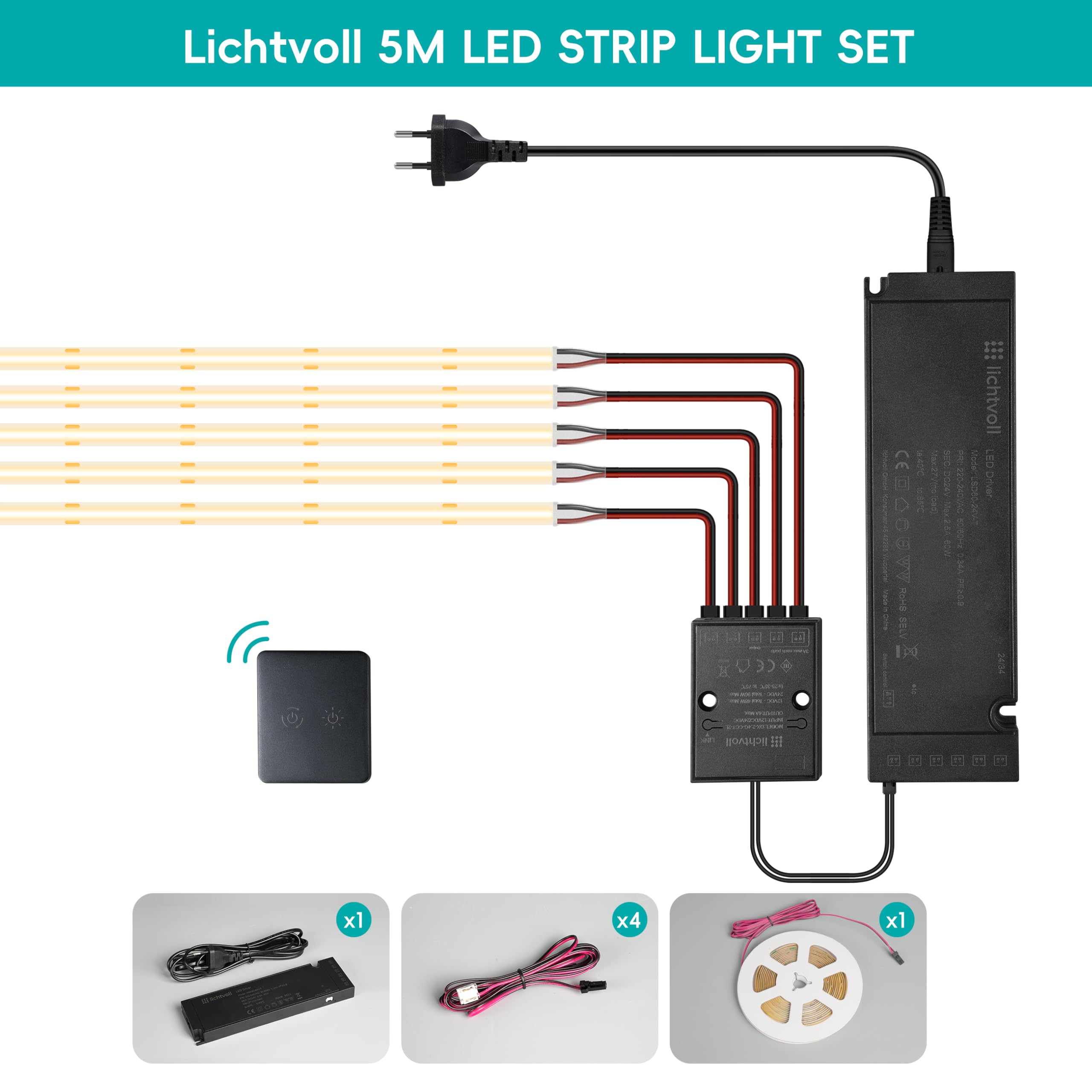 lichtvoll 24V COB Led Streifen Led Strip Led Band 5M 480LEDs/m, Flimmerfrei Dimmbar mit Touch-Schalter, 2.4G Controller 60W Netzteil, Geeignet für Küche Wohnzimmer, Kompatibel mit Alexa Hey Google 6