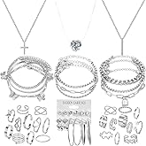 IXNEOP Silvery Plated Jewelry Sets for Women Fashion Costume Jewelry Necklace Bracelet Rings Earrings Set for Women Valentine's Day, Christmas, anniversaries, birthday parties