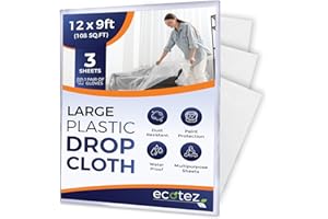 Ecotez 3 Pack 12 x 9 ft Extra Large Painter’s Plastic Drop Cloth Painting Sheet-Light & Durable Dust Cover-Clear Plastic Sheet-Plastic Sheeting-Plastic Cover-Paint Drop Cloth- Plastic Floor Protector