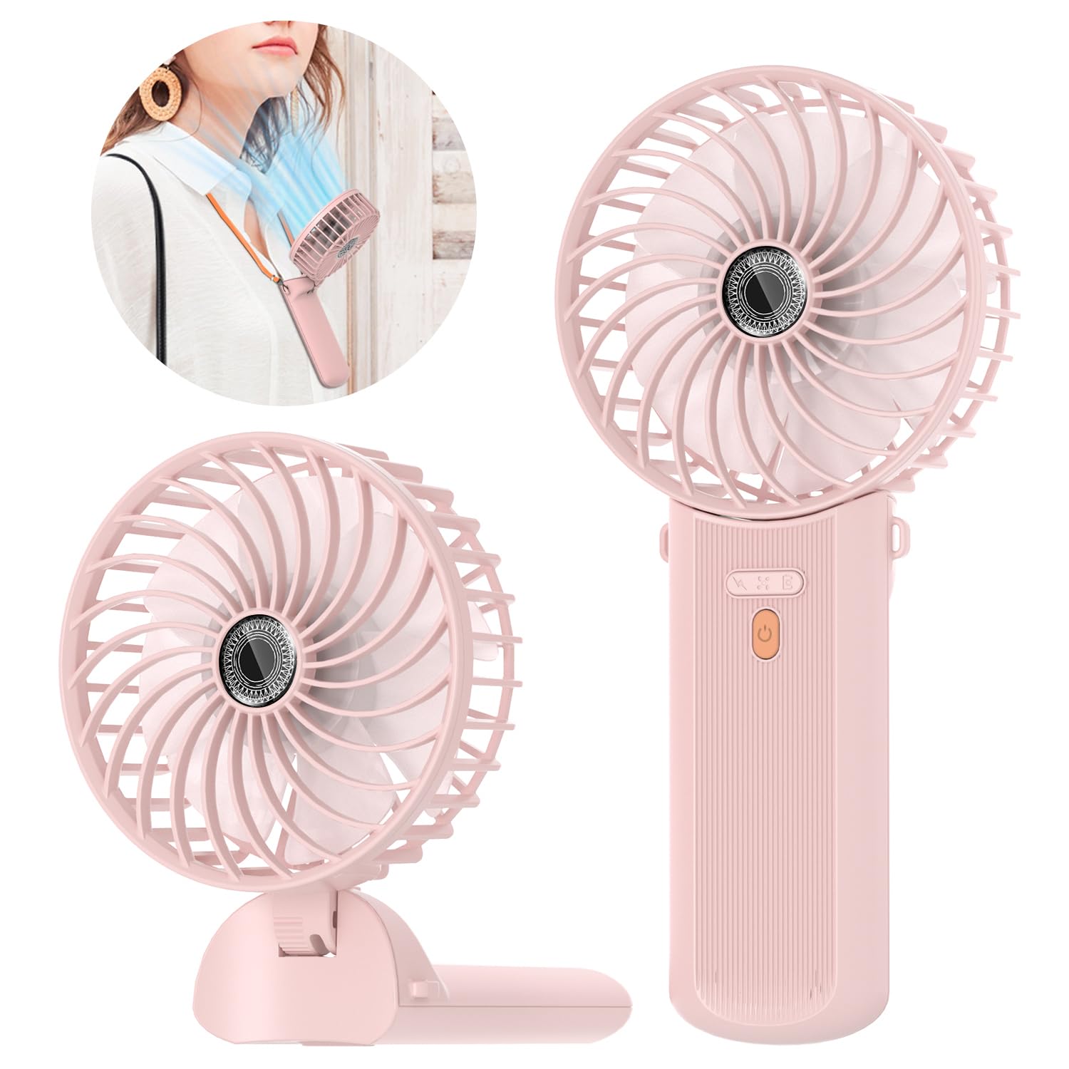 Lepwings Portable Mini Handheld Fan - Rechargeable Neck Hanging Fans with 16-Hour Cooling, Personal Handy Fan 4-Speeds Foldable Pocket Fan for Summer Outdoor Travel Home Office - Pink