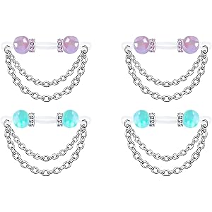 FLOGWE 4PCS Fake Nipple Piercings, Double Chain Dangle with Adjustable Silicone Nooses Fake Nipple Rings, Non-Piercing Faux B