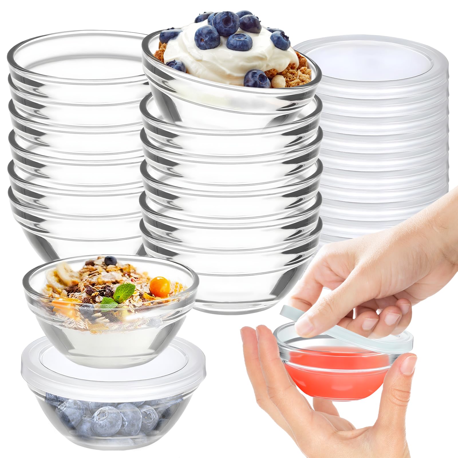 Photo 1 of 12 Pack Mini 3 Inch Small Glass Bowls with 12 Pack Lids, 2.5 oz Clear Glass Pinch Bowls, Condiment Containers, for Dips, spices, jams, Meal Prep Bowls