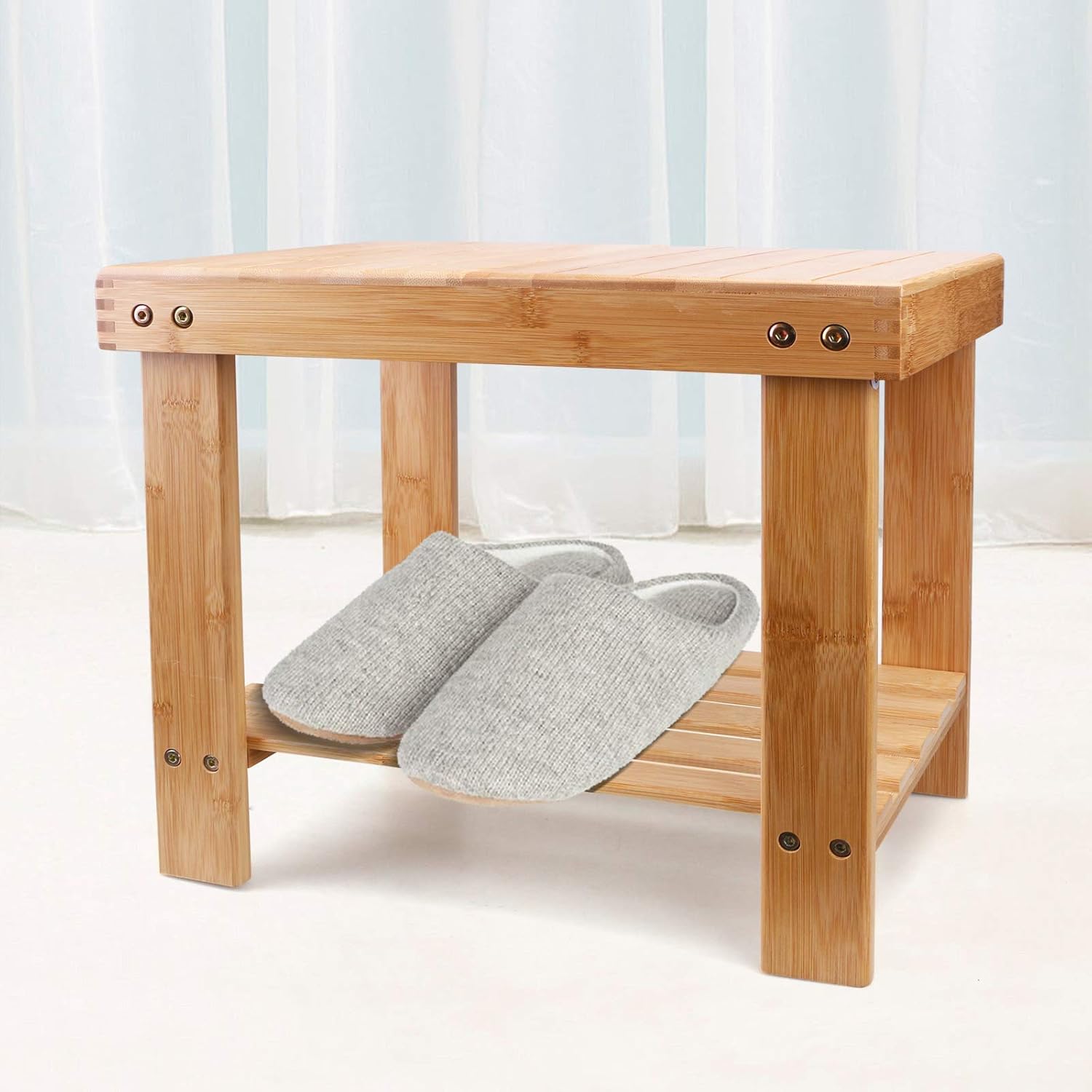 YUHUAWYH Bamboo Shower Bench Little Shower Seat Corner Shower Stool for Shaving Legs Small Shoe Bench Foot Rest Step Stool Natural: Kitchen & Dining