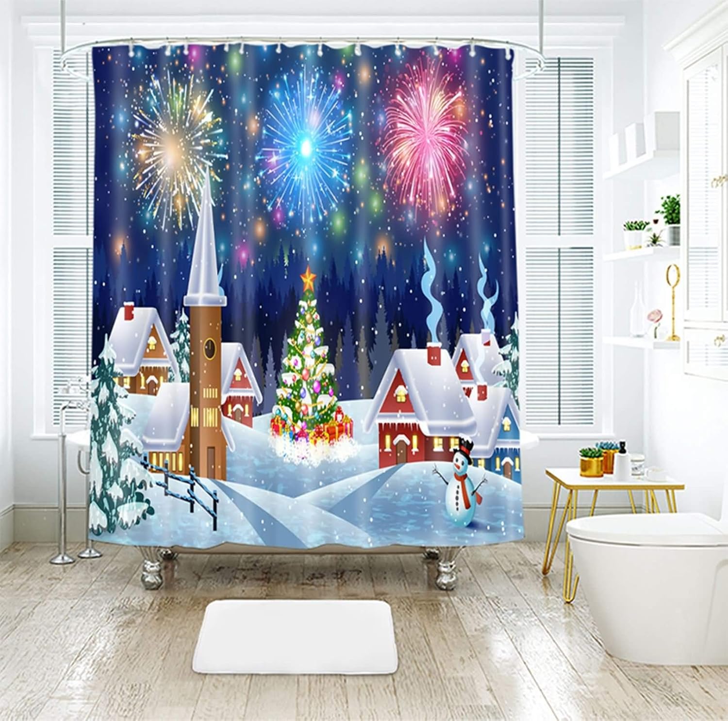 Aartoil Christmas Shower Curtains, Hotel Quality Polyester Snow Firework Christmas Tree Fabric