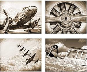 Wallables Antique Sepia Vintage Aviation Wall Art, Set of Four 8x10 Airplane Theme Decor Prints, Great for Mens Gift, Office, Home, Bachelor pad, Barbershop Decoration! Only at