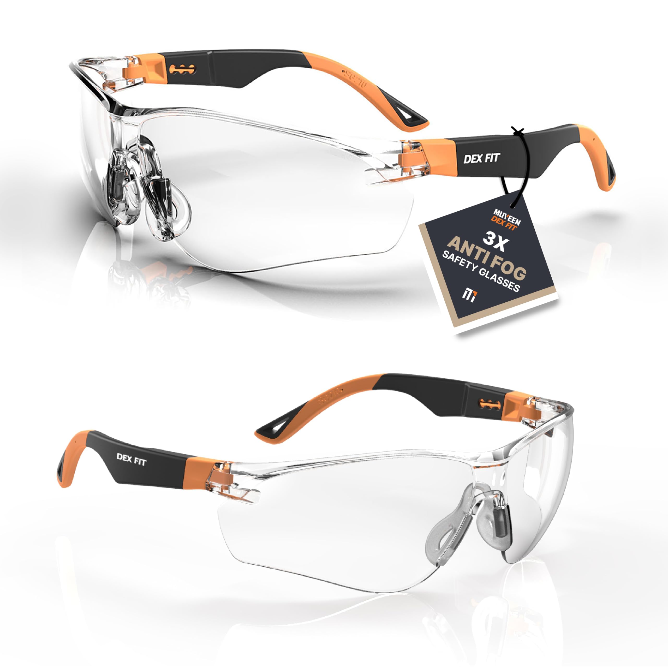 DEX FIT Safety Glasses SG210N - Anti-Fog & Scratch Resistant, EN166 Certified, Adjustable Temples & Non-Slip Grip, UV Protection, Clear Lens PPE for Construction, Lab & Medical; Black & Orange, 1 PC
