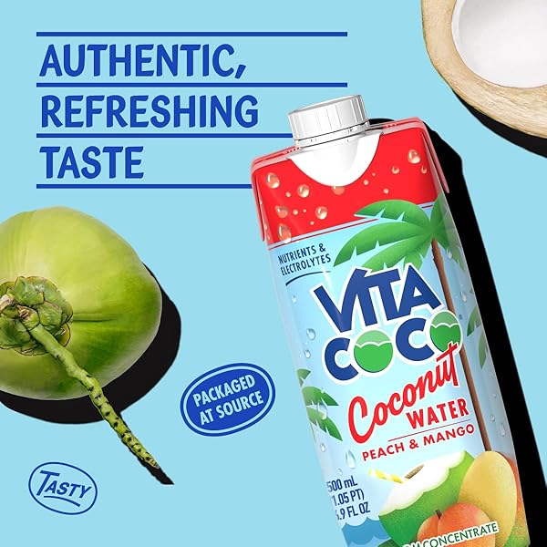VITA COCO COCONUT WATER, PEACH & MANGO – NATURALLY HYDRATING ELECTROLYTE DRINK – SMART ALTERNATIVE TO COFFEE, SODA, AND SPORTS DRINKS – GLUTEN FREE – 16.9 FL OZ (PACK OF 12)