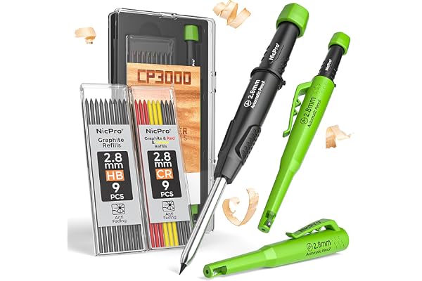 Nicpro CP3000 Carpenter Pencil with Sharpener, Mechanical Pencils Set with 19 Refills, Deep Hole Marker for Construction, ABS