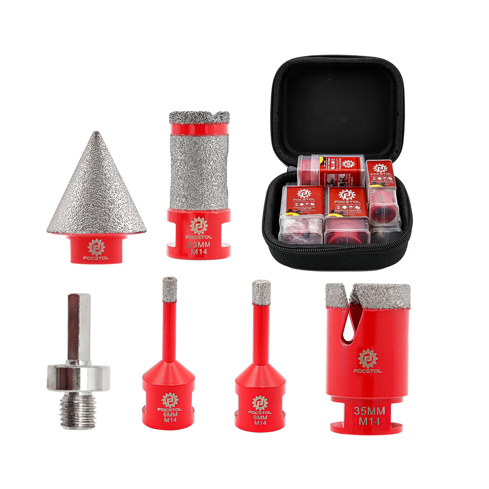 FOCSTOL Diamond Core Drill Bit Set - 6pcs (6/8/35mm+25mm Drilling Milling Bit+35mm Beveling Chamfer Bit+HEX) Diamond Hole Saw Kit for Porcelain Ceramic Tile Marble Granite