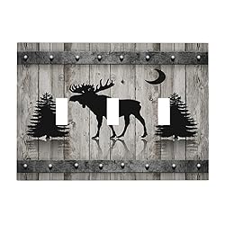 Rustic Deer Moose Forest Tree on Wood Plank 3 Gang