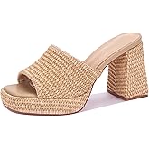 IDAWIVI Heeled Sandals for Women Raffia Platform Heels Espadrilles Beach Summer Shoes Chunky Block Heel Slip On Open Toe