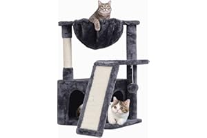 SYANDLVY 23.62" Cat Tree for Indoor Large Cats, Cat Tower with Scratching Posts & Board, Modern Cat Bed Furniture with Condo & Basket (Smoky Grey)
