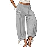 STURWBEZ Womens Baggy Wide Leg Pants Cotton Loose Elastic Waisted Lounge Harem Beach Palazzo Trousers with Pockets