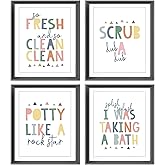 So Fresh and Clean Colorful Bathroom Art Poster Prints for Home Kid Washroom Restroom Nursery Toilet Laundry Decor,Funny Bathroom Rules Word Art Decorations Prints Wall Art Unframed 4pcs 8x10inches