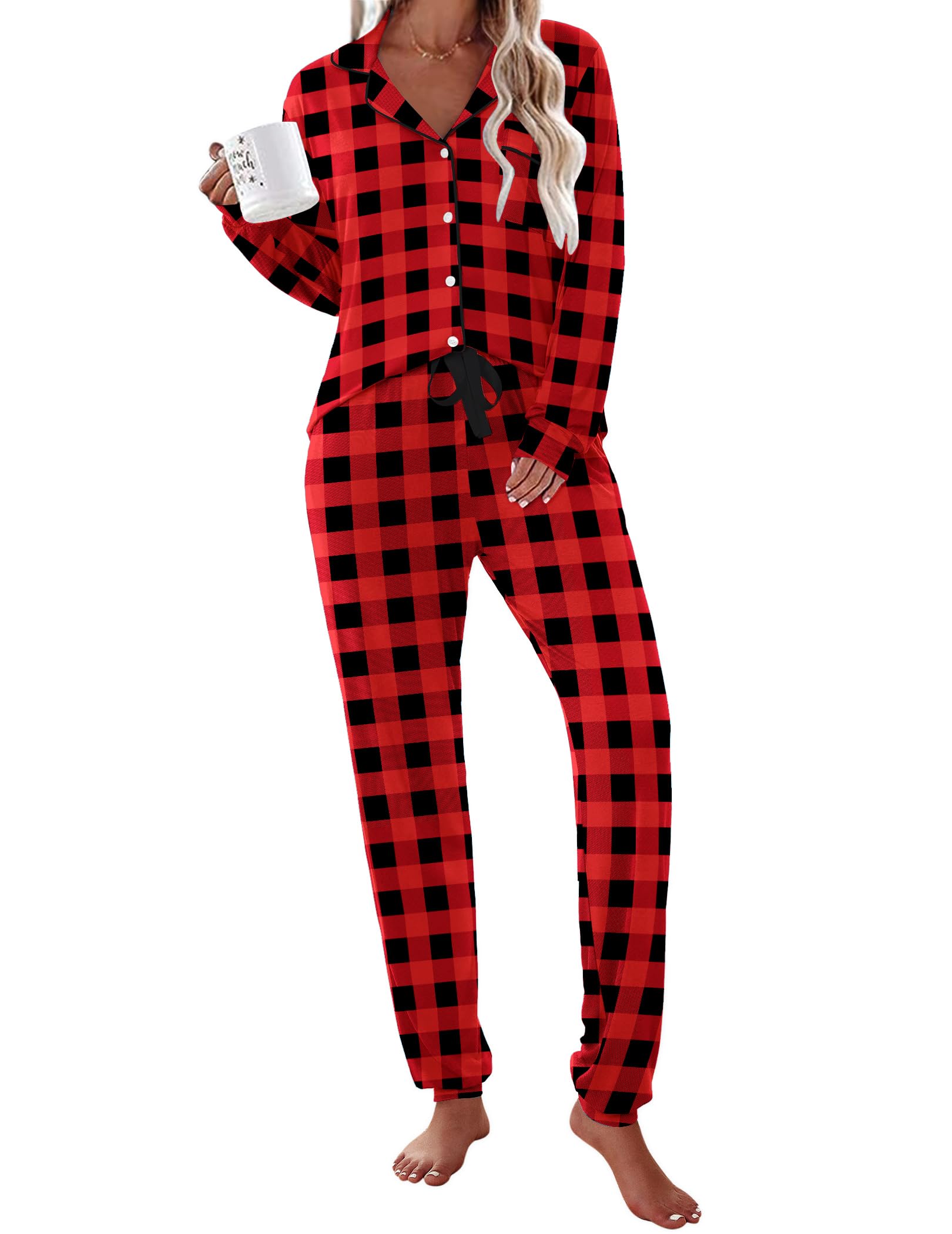 Ekouaer Pajamas Set Long Sleeve Sleepwear Womens