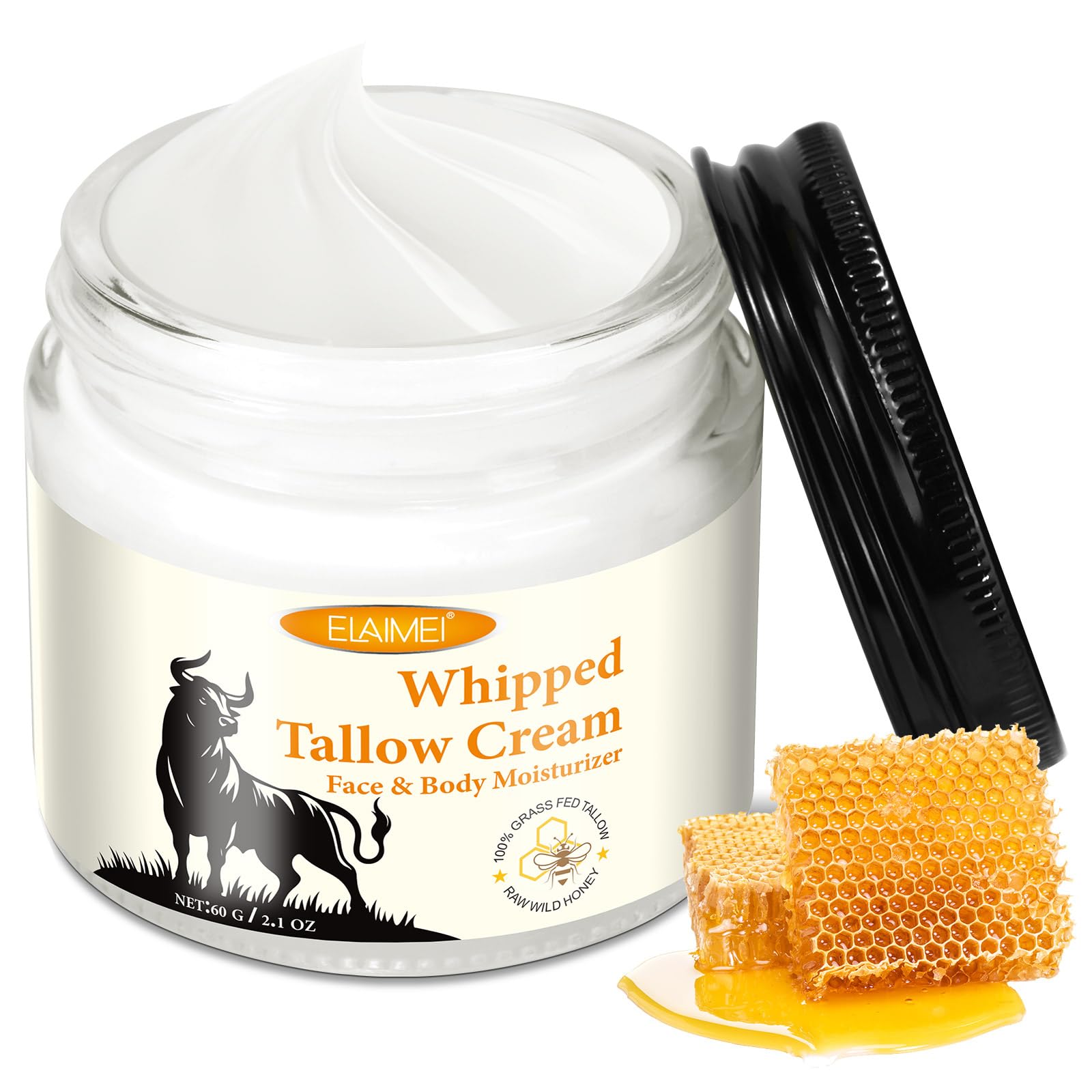 Beef Tallow for Skin, Tallow Face Moisturizer, Tallow and Honey Balm, Organic Grass-Fed Whipped Beef Tallow and Honey Cream, Deeply Moisturizing for Face & Body, Suitable for Dry & Aging Skin, 60g