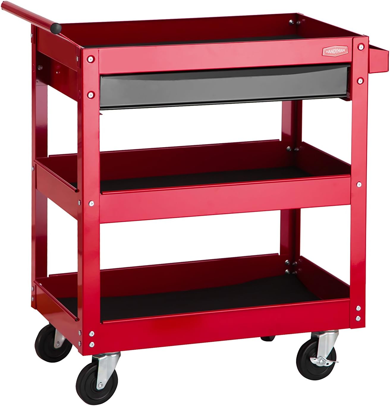 Handyman Steel Tool Cart Rolling Tool Chest Box Wheels Tray with Side Handle for Easy Mobility - Color Red / Black Drawers