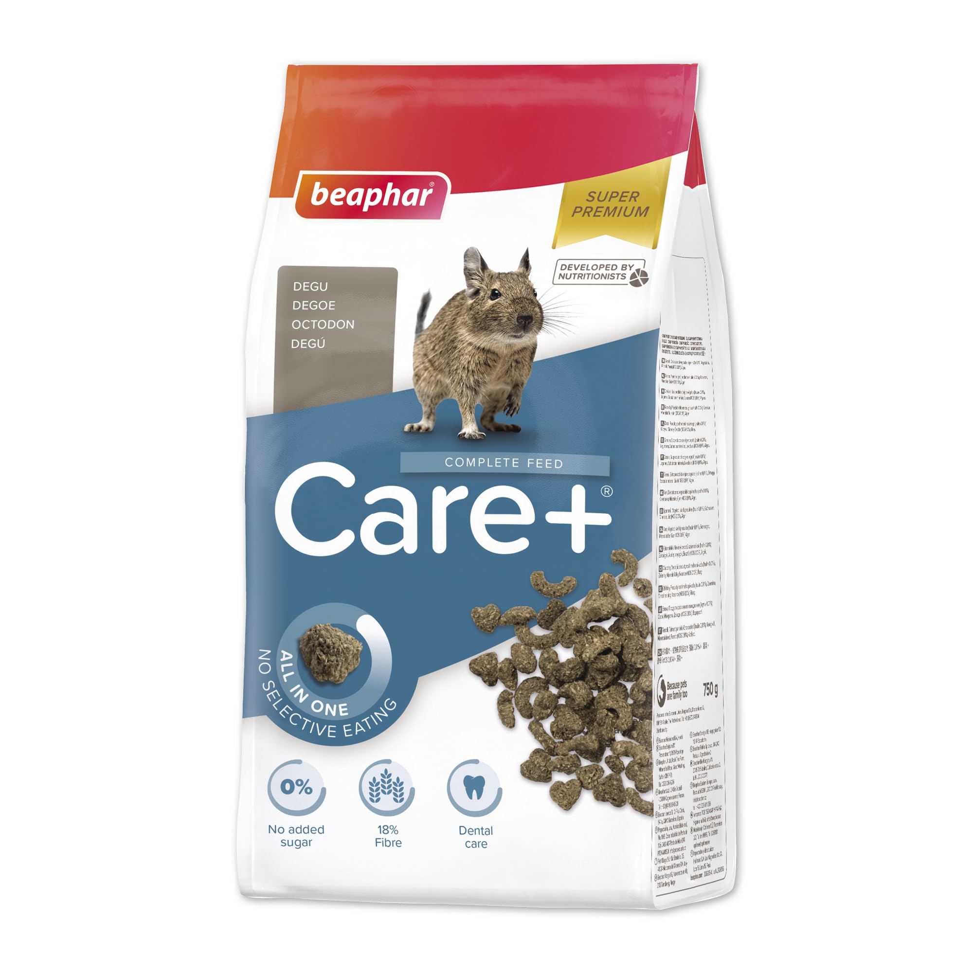 Beaphar - Care+® Degu Food 750g - All-in-one super-premium food - Prevents selective feeding - Low fat and no added sugar formula to meet degus' needs - Aids dental care - For degus of all ages