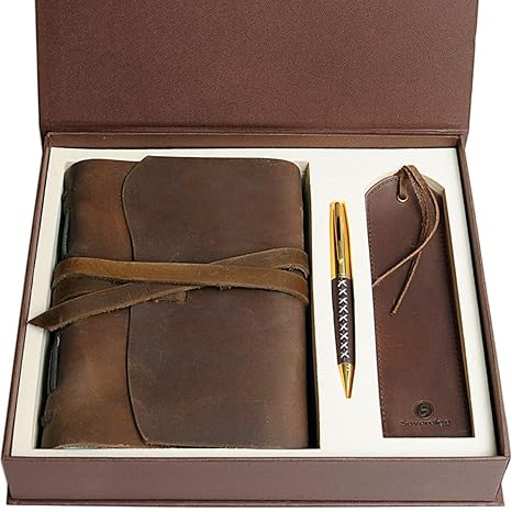 Leder Tagebuch Notizbuch Journal Geschenk Set mit Antik Leder Lesezeichen + Stift, handgefertigt Schreiben 18x13cm ungefütter