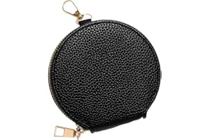 SENCCO Women’s Small Coin Purse, Vintage Zipper Change Purse, Pocket-Sized, Solid Color, Round Coin Bag with Keychain - Black