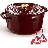 Overmont Enameled Cast Iron Dutch Oven - 5QT Pot with Lid Cookbook & Cotton Potholders - Heavy-Duty Cookware for Braising, Stews, Roasting, Bread Baking burgundy