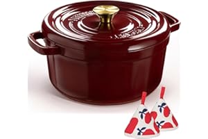 Overmont Cast Iron Dutch Oven - Dual Widened Handles -Enameled Pot with Cookbook - Heavy-Duty Enamel Cookware with Cotton Pot