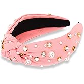 Uintoon Pink Headband for Women Pearl Knotted Headband Sparkly Rhinestone Pearls Top Knotted Headbands Fashion Accessories Cute Hair Bands