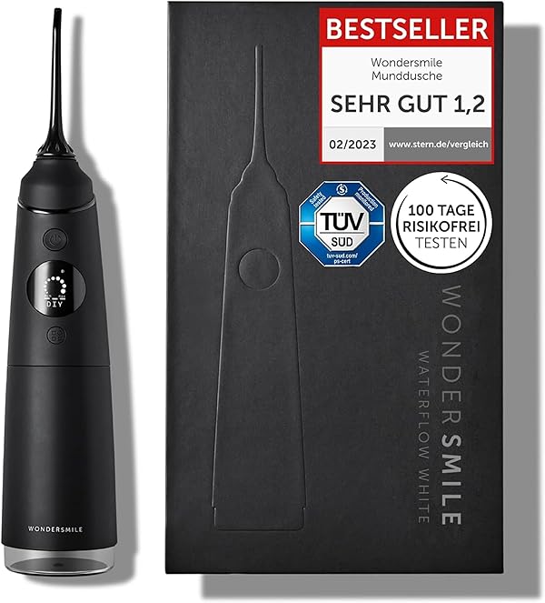 Wondersmile Munddusche PRO - Testsieger 2026 - TÜV SÜD-geprüft - 100 Tage risikofrei testen - SmoothFlow-Technologie für optimale Zahn- & Zahnfleischpflege - 5 Modi - PowerAkku 30 Tagen Laufzeit