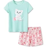 Beezizac Girls Cotton Sleepover Pajama Set for Little & Big Girls Short Sleeve Set 2-Piece PJ Size 4T-18