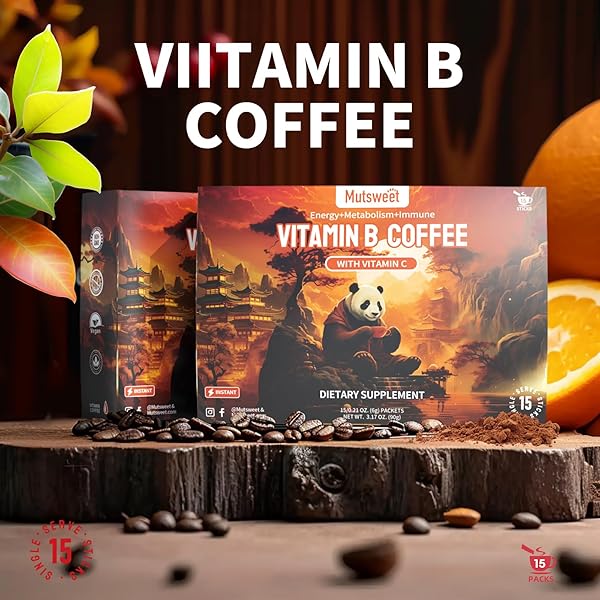 MUTSWEET SUPER INSTANT COFFEE PACKETS, MIXED WITH VITAMIN B COMPLEX AND VITAMIN C – IMMUNE HEALTH, ENERGY SUPPORT & NERVOUS SYSTEM SUPPORT, METABOLISM – NON-GMO, VEGAN, GLUTEN FREE, 15 SINGLE SERVINGS