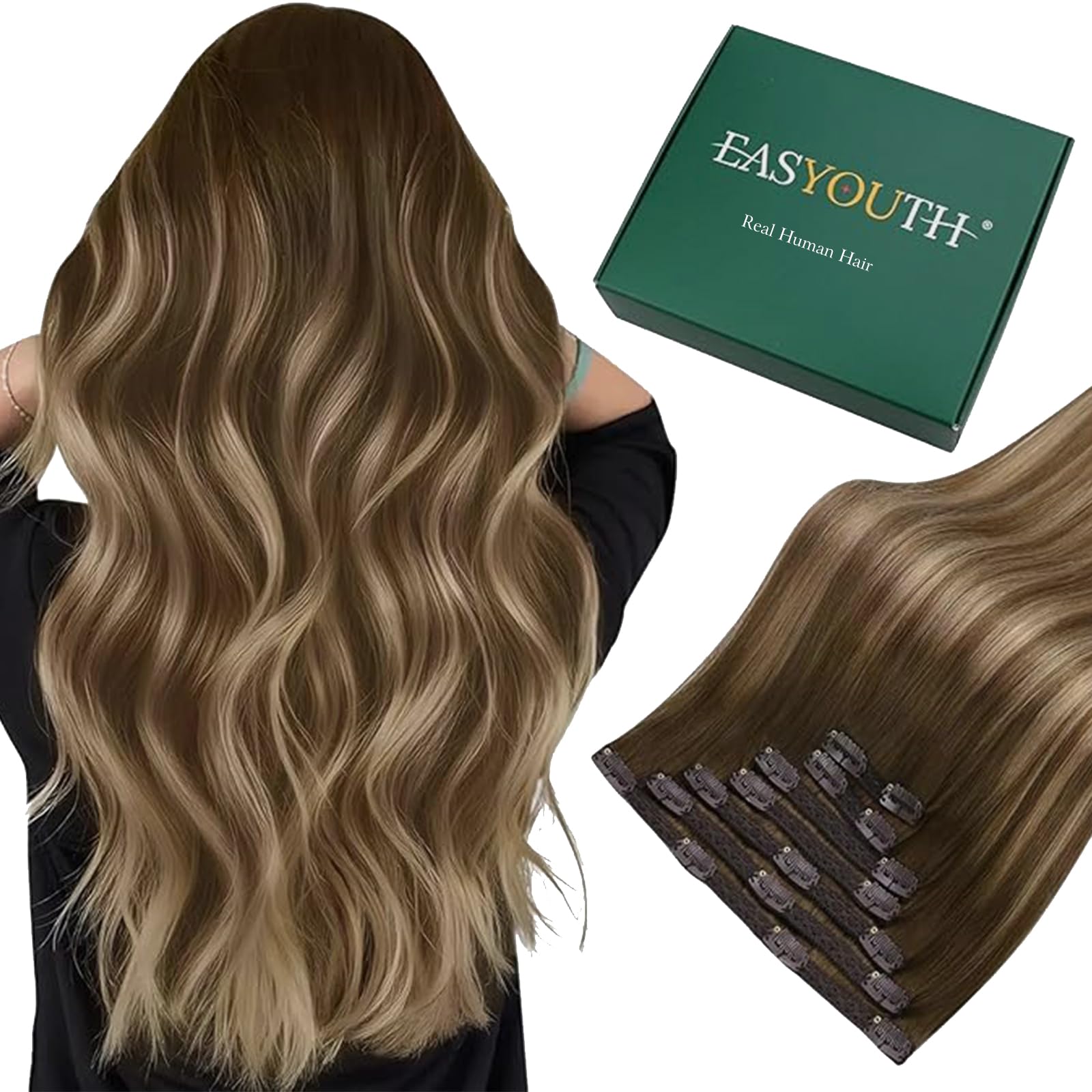 Easyouth Clip in Human Hair Extensions Brown Balayage Clip in Extensions Real Human Hair Brown Ombre Caramel Blonde Human Hair Extension Clip in for Short 12Inch 7Pcs 70g #4/27/4