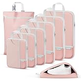 Percover Compression Packing Cubes for Travel, 8-Piece Structured Compression Organizer Set with Laundry Bag &amp; Shoe Bag for Carry-On &amp; Checked Luggage, Pink
