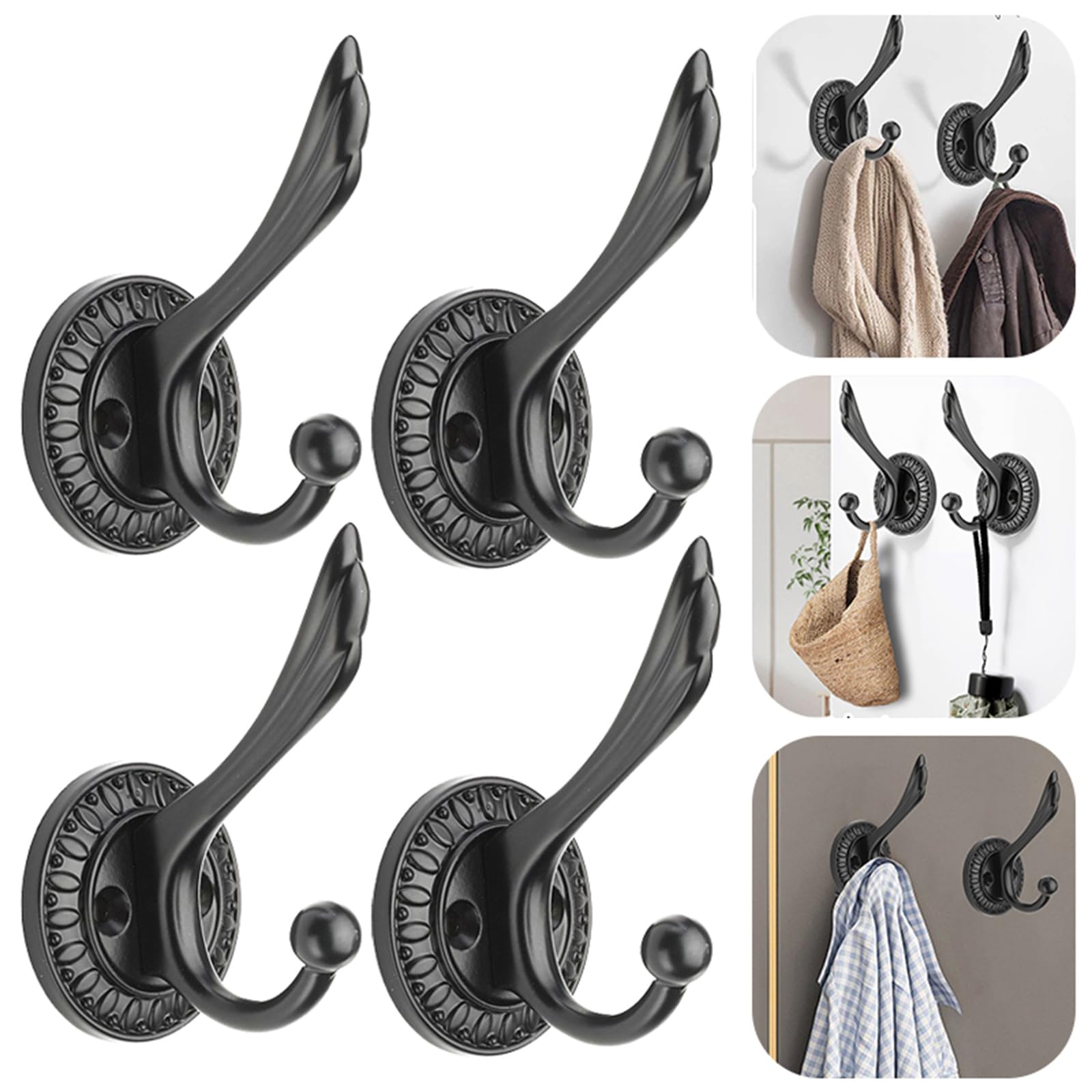 Black Coat Door Wall Metal Hat Towel Bag Hooks Rack Hanger Hook Handy Screw in Wall Mounted for Hanging, 4 Pack