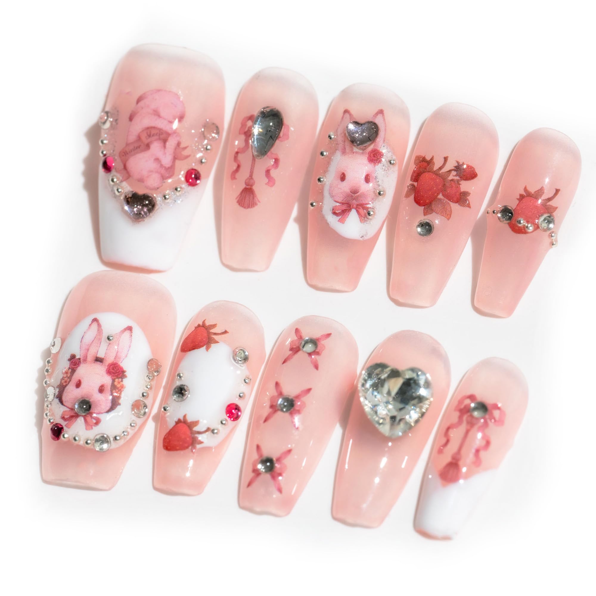 Sun&Beam Nails Handmade Long Coffin Ballerina Pink False Nail Tips with Cute 3D Diamond Popular Charm Design Press On Nails 10 Pcs (#72 XS) — image 1
