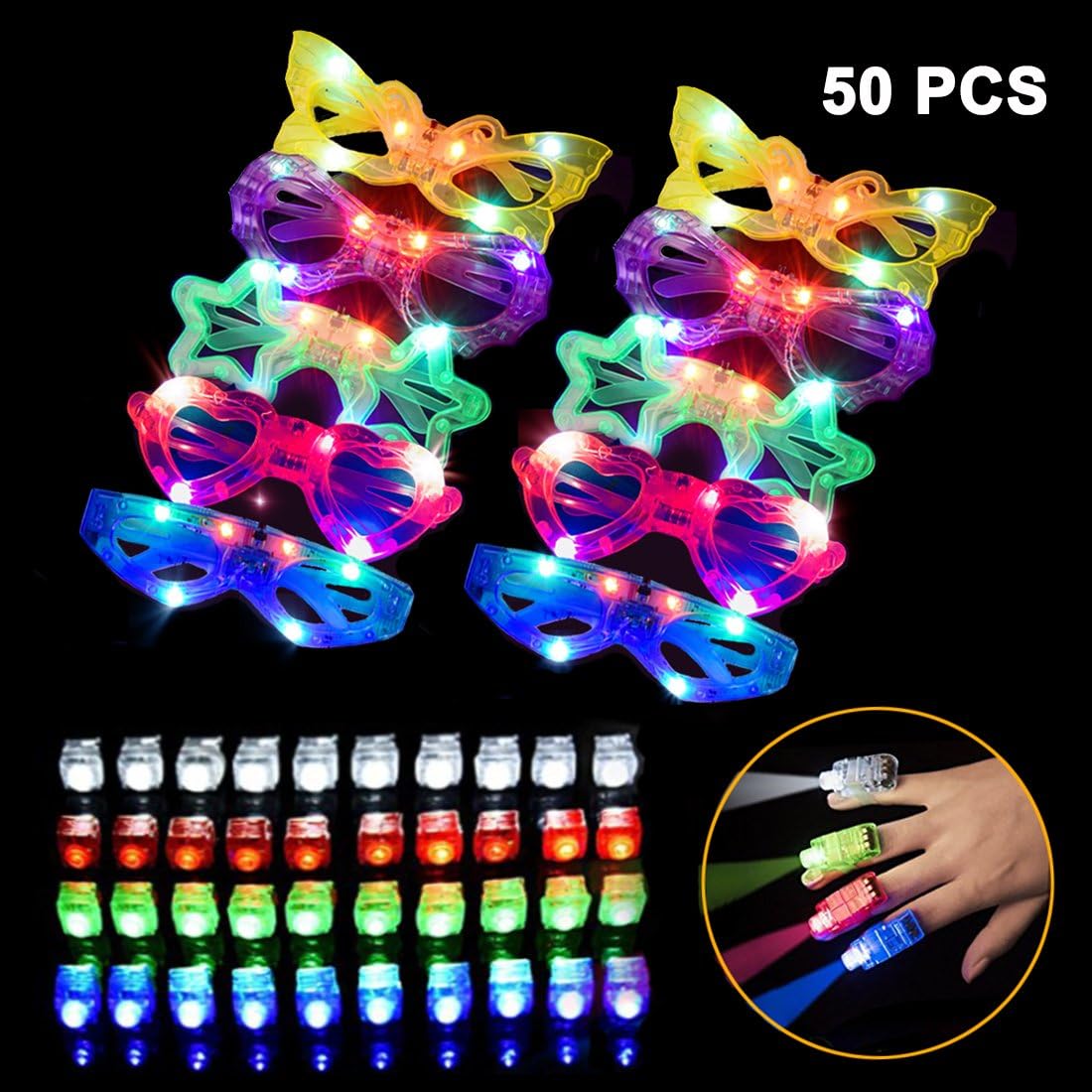 LED Light Up Toys 50 PCS Party Favors - 10 Light Up Glasses,40 Light Up Finger Lights, Bulk Glow in the Dark Party Supplies for Adults and Kids