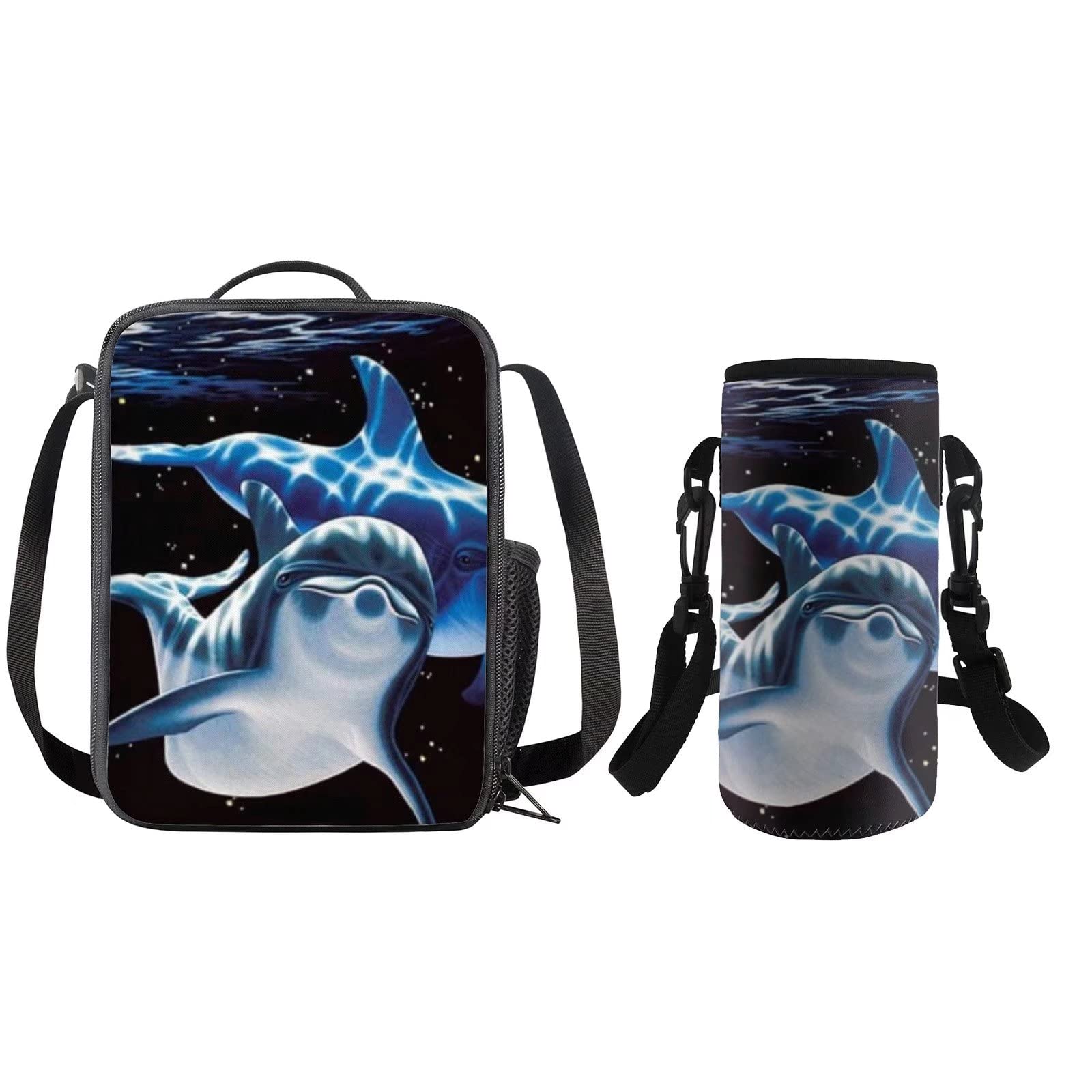 COEQINE Lunch Box Bag Adjustable Shoulder Strap Insulated Neoprene Water Bottle Holder for Kids Student School Travel Outdoor Print Cute Sea Dolphin Blue