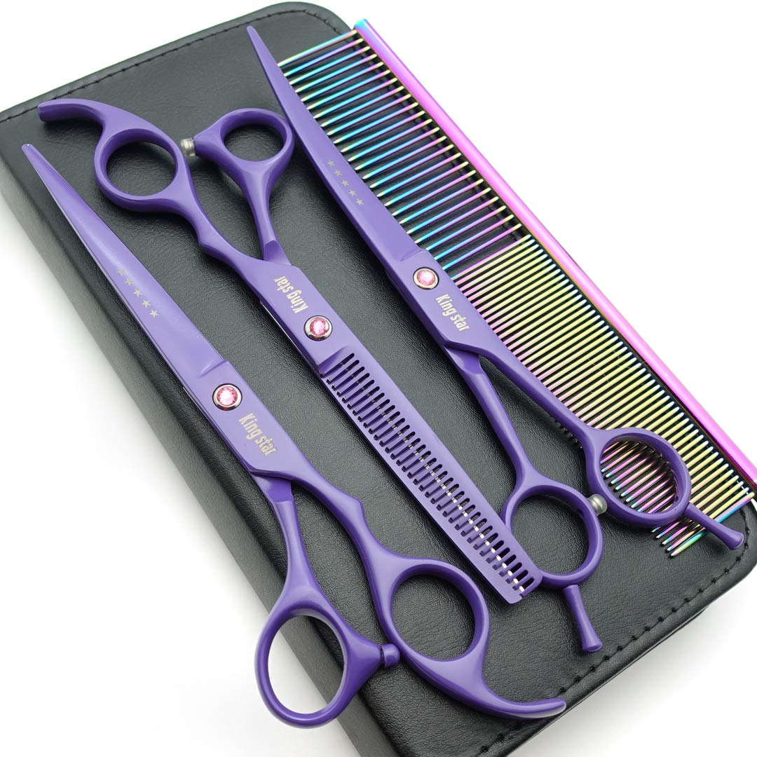 Kingstar 7.0in. Matt purple Professional Pet Grooming Scissors set,Straight & Thinning & Curved scissors set with Comb,Dog grooming,A429