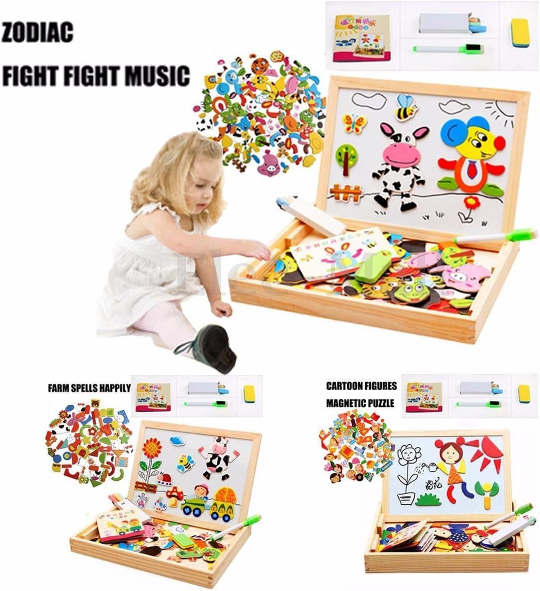 Kids Gift Drawing Writing Board Magnetic Puzzle Double Easel Kid Wooden Toy Sketchpad (Zodiac)