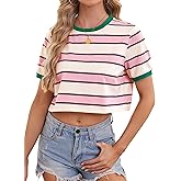 LilyCoco Womens Striped T Shirt Cotton Crop Short Sleeve Crew Neck Summer Tshirts