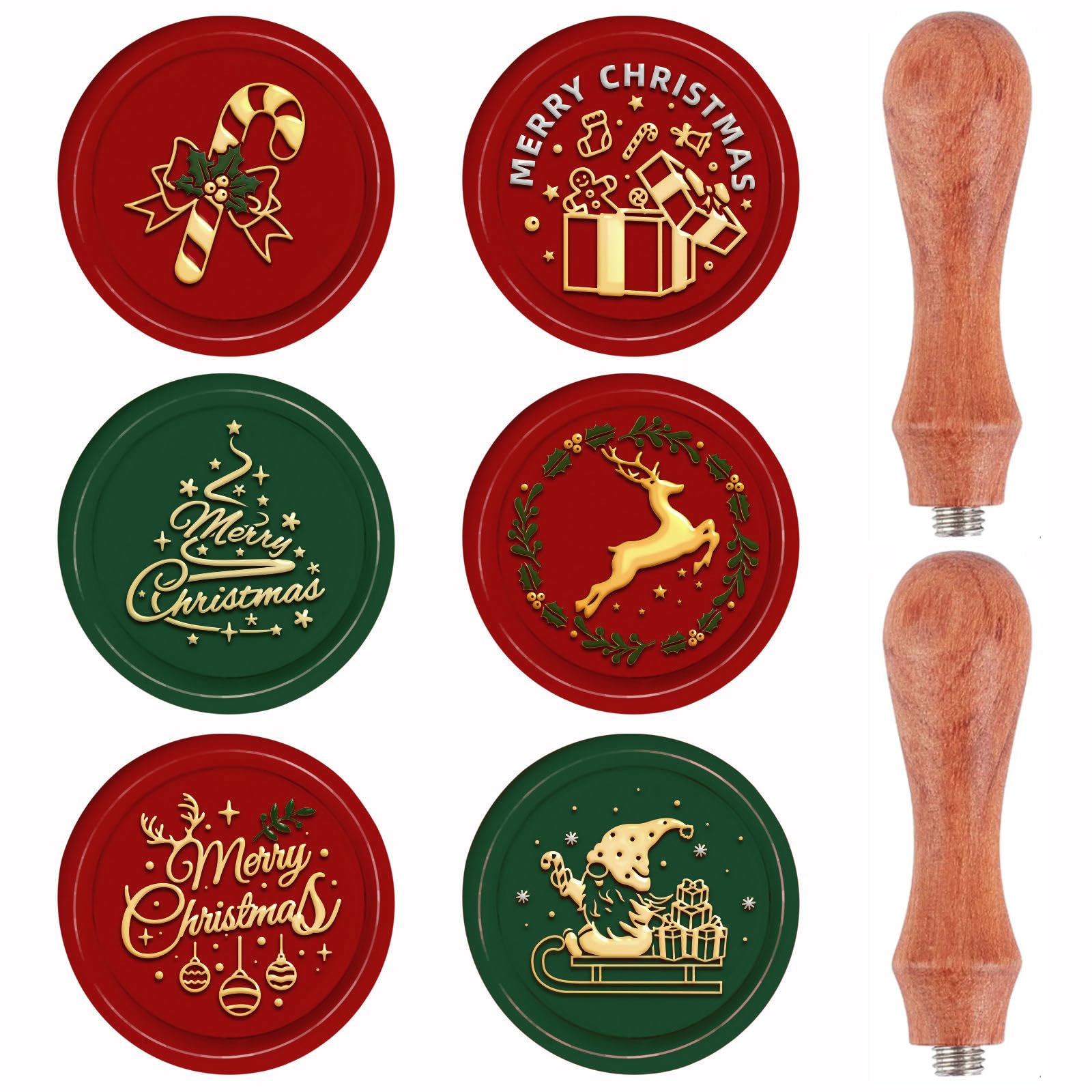 CRASPIRE Christmas Wax Seal Stamp Set 6pcs Removable Brass Stamp Heads 2pcs Wood Handle for Vintage Wedding Xmas Party Invitations Envelope(Candy Sleigh Box Christmas Tree Elk Merry Elf) — image 1