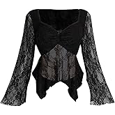 Verdusa Women's Plus Size Floral Lace Sheer Ruched Bow Bell Long Sleeve T Shirts Night Out Tops