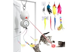 FEELNEEDY Laser Interactive Cat Toys, LED Light, 8 PCS Replacement Teaser with Bell Refills, Feather & Mouse Cats Toy, Hanging Cat Toys for Indoor Cats, for Bored Adult Kitten Exercise, Silver