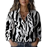 domirica Button Down Shirts for Women Loose V Neck Collar Bohemian Blouses Rolled Three-Quarter Sleeve Tunic Tops