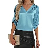 2026 Womens 3/4 Sleeve Shirts Dressy Casual Tops Pleated Satin Silk Business Blouses